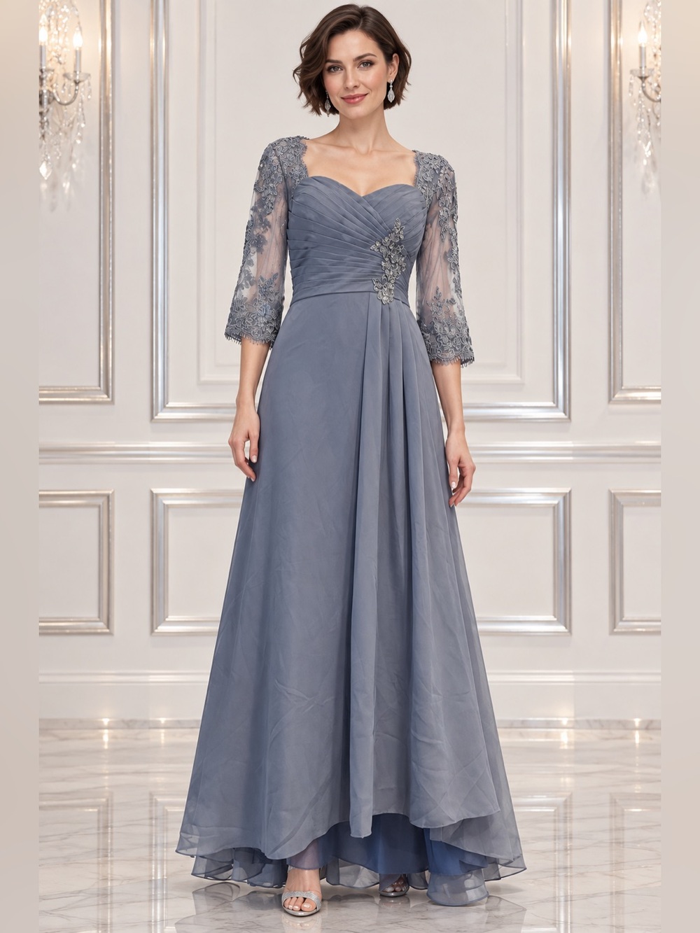 NWOT Icy Blue Gray chiffon Lace High Low Mother of Bride Groom Wedding Gown 10